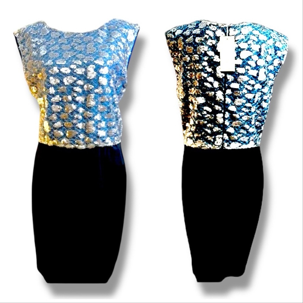 ERIN Label silver sequin blue and black sheath cocktail dress SZ 6 NWT